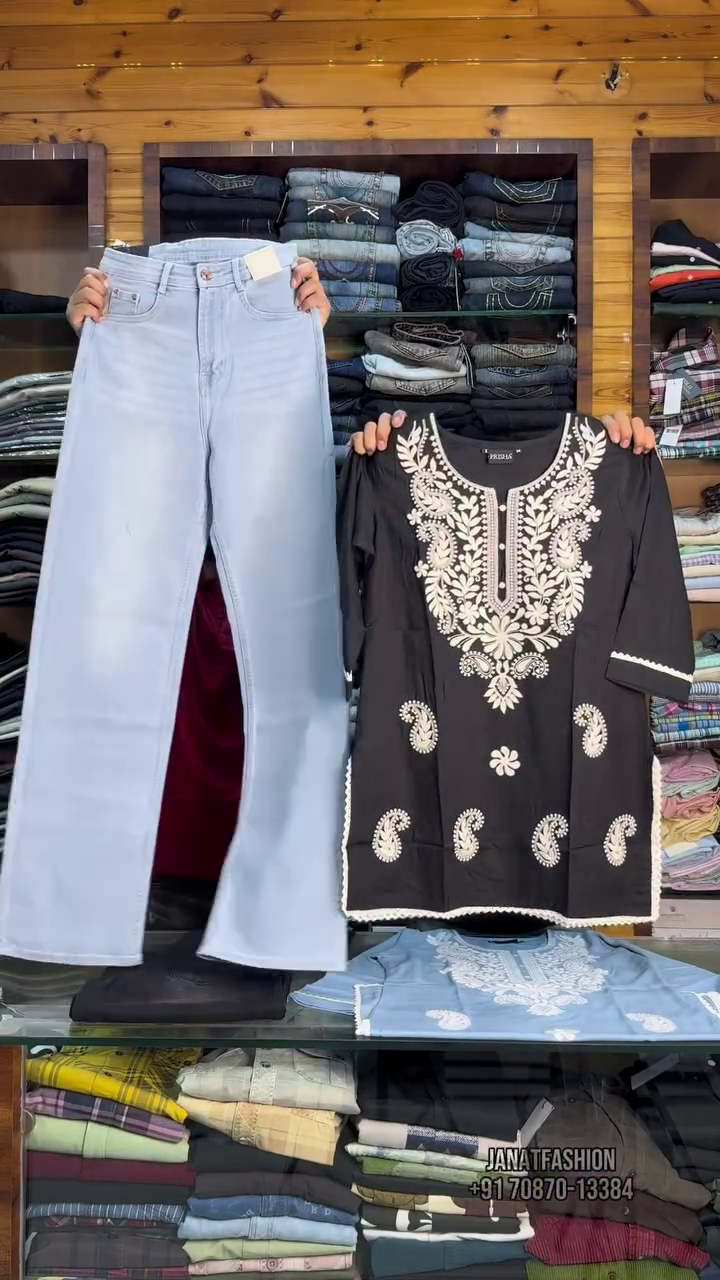 🖤✨ Royal Noir Embroidered Kurti with Classic Denim Flair Pants Set 💙👖