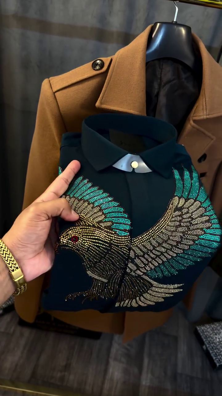 🦅✨ Regal Eagle Embroidered Premium Shirt – Statement Luxury Edition 🖤💚