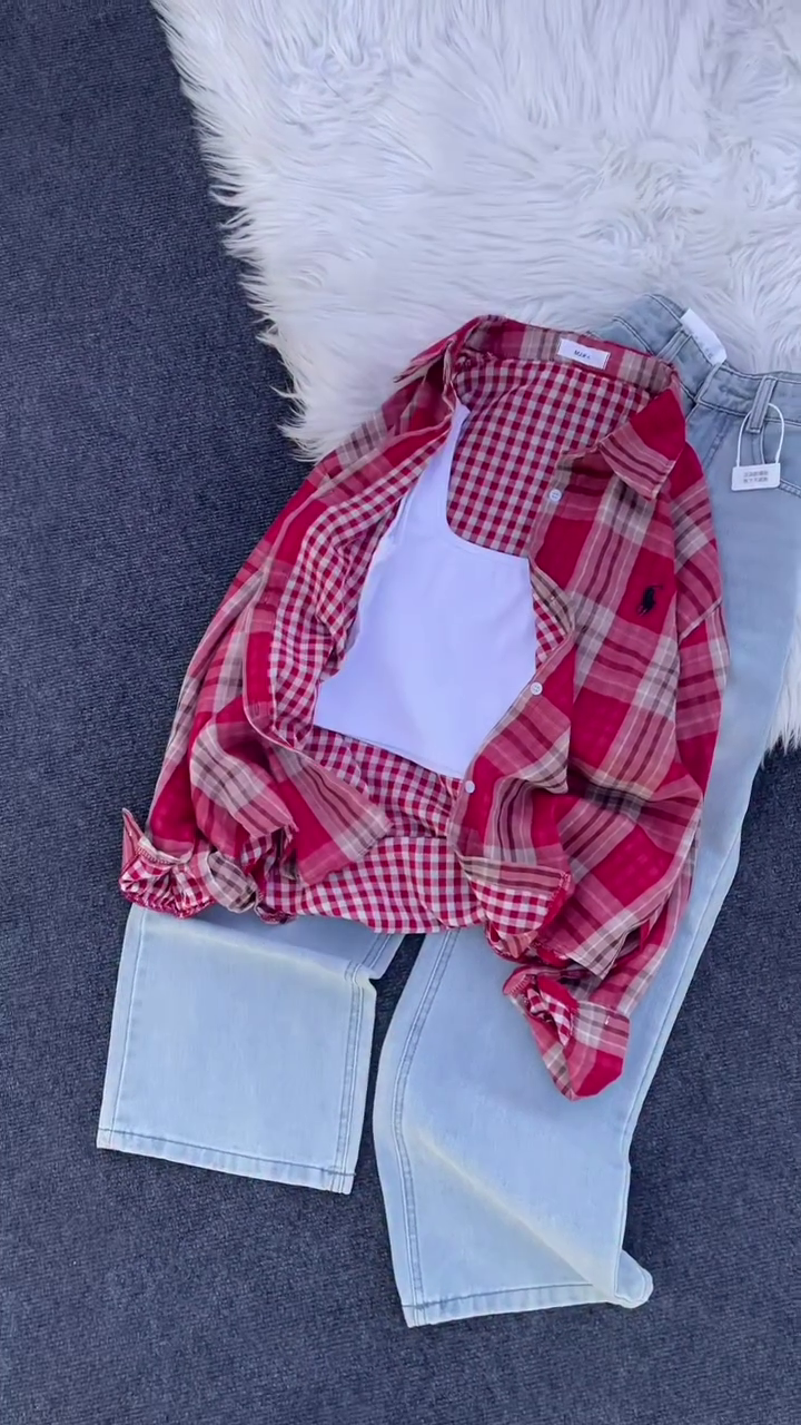 Cherry Crush Plaid Shirt & Light-Wash Denim Co-Ord Set ❤️👖✨