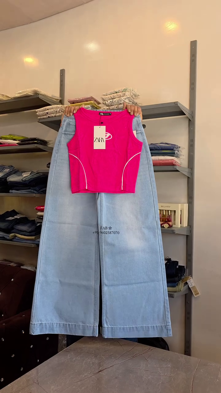 Street Sporty Chic Crop Top & Wide-Leg Denim Set – Bold Contrast Everyday Fit ❤️👖✨