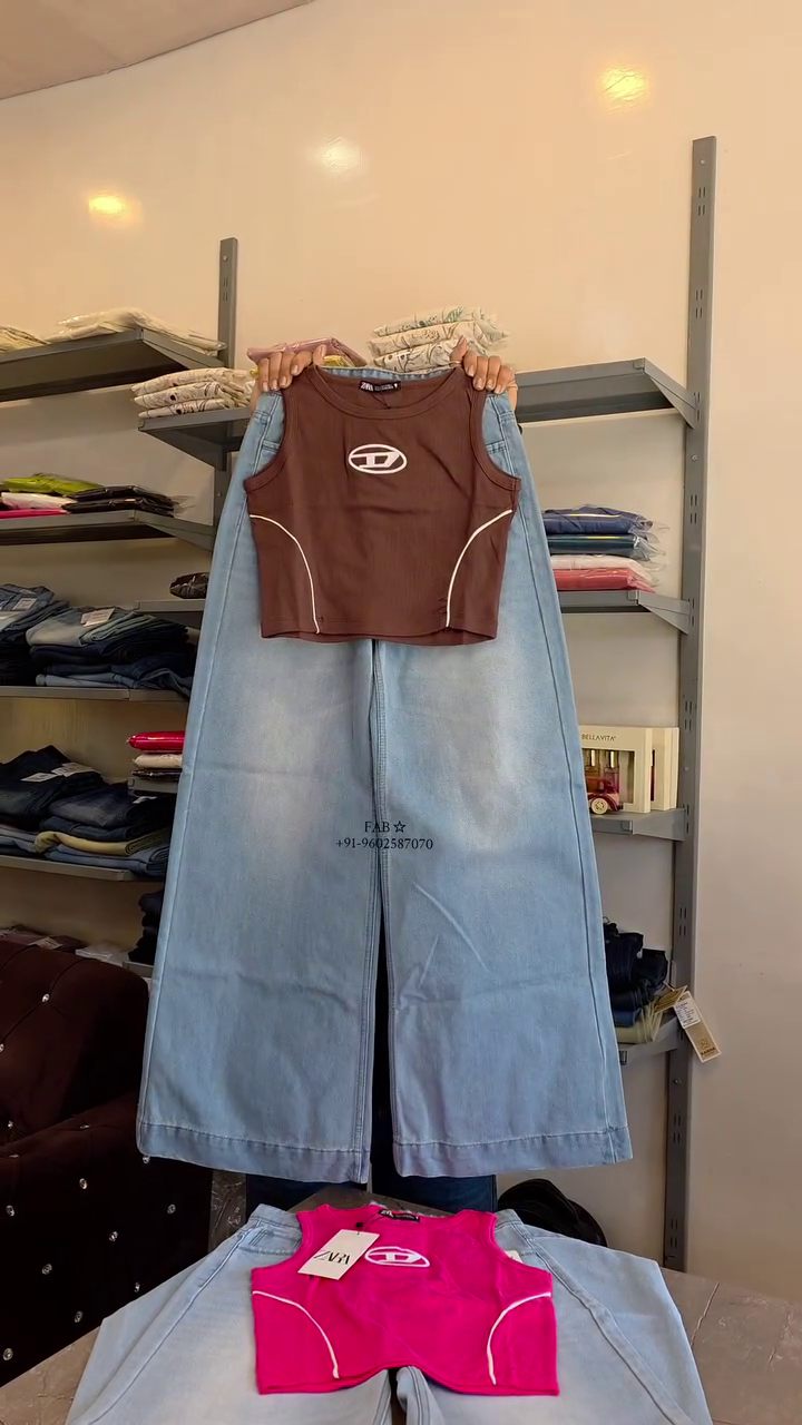 Street Sporty Chic Crop Top & Wide-Leg Denim Set – Bold Contrast Everyday Fit ❤️👖✨