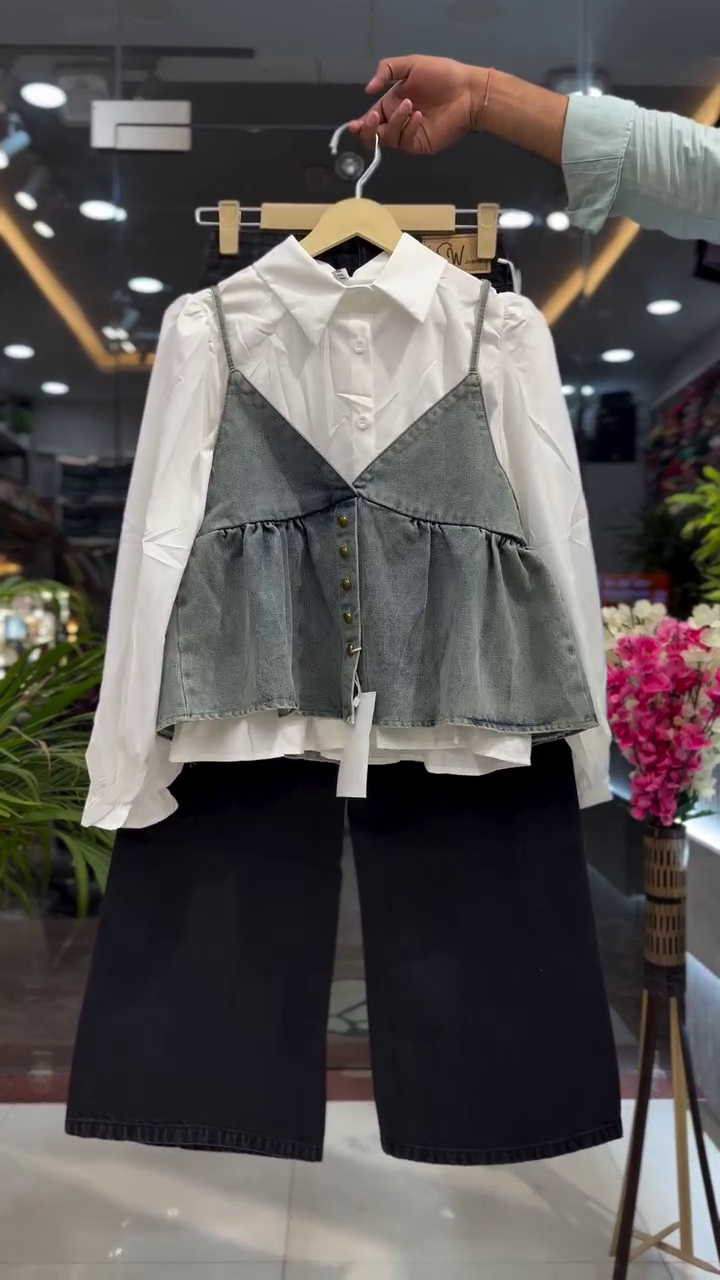 Elegant Layered Denim Peplum Top with Classic Shirt & Wide-Leg Culotte Set – Chic Statement Ensemble 🤍✨👖
