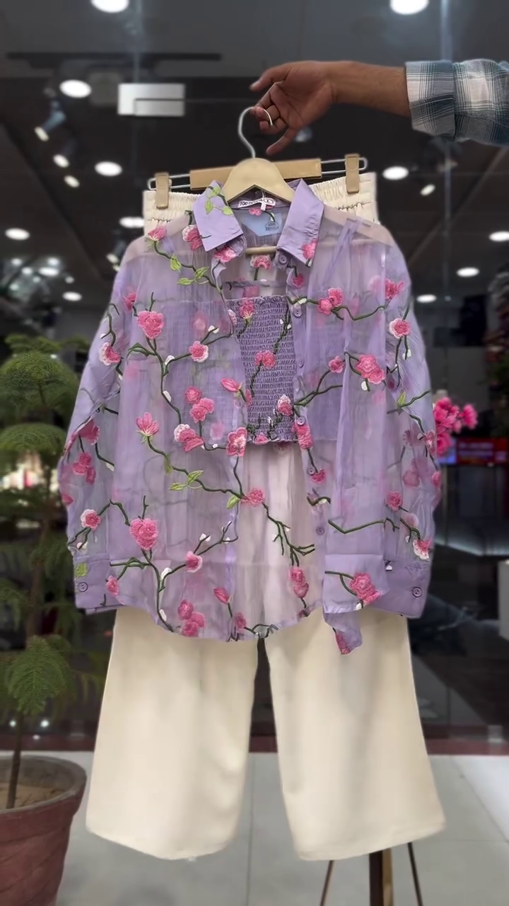 Blossom Dream Sheer Floral Shirt with Inner Top & Soft Culotte Set – Pastel Fairy Aesthetic 🌸💜✨