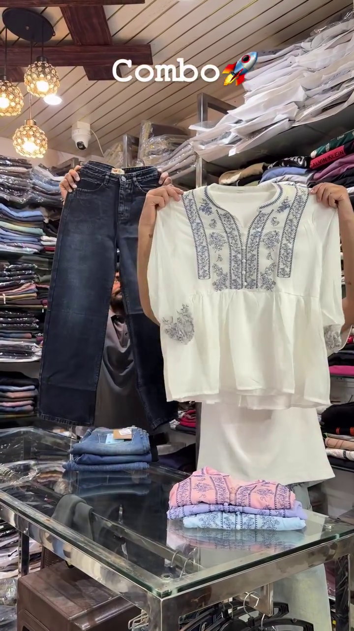 🤍 Elegant Embroidered White Top with Classic Blue Denim Combo – Everyday Chic Fusion Set 👖✨