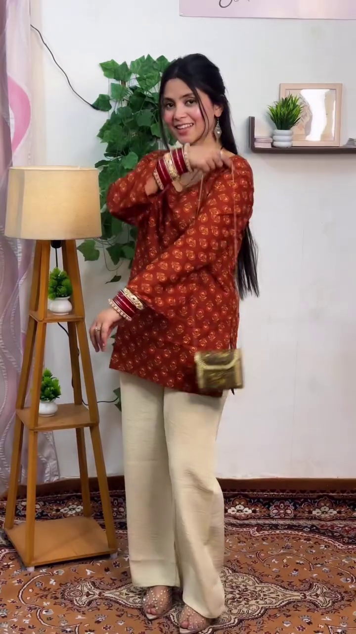 🤎 Rustic Charm Printed Kurti with Elegant Beige Palazzo – Everyday Ethnic Comfort Set 🌿✨