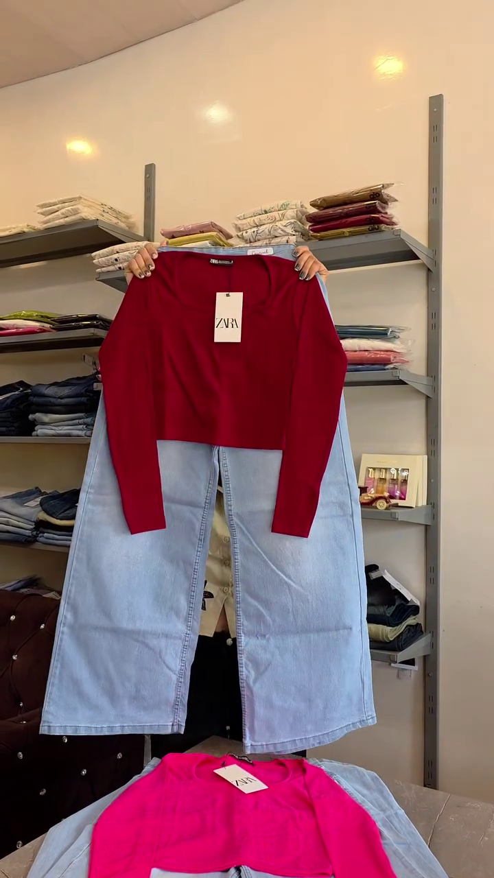 ❤️ Bold Red Crop Top with Light Wash Denim Midi Skirt – Statement Chic Combo 💙✨
