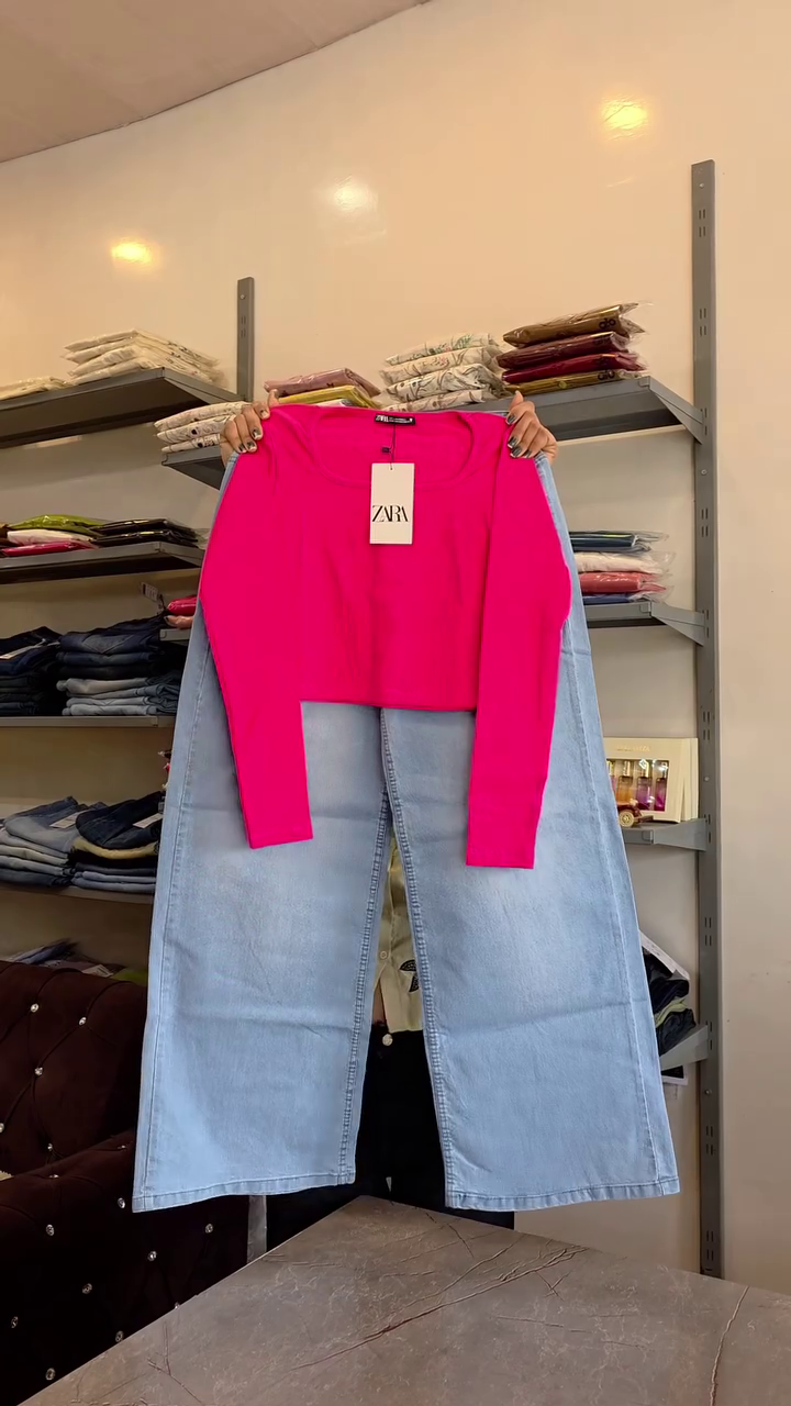 ❤️ Bold Red Crop Top with Light Wash Denim Midi Skirt – Statement Chic Combo 💙✨
