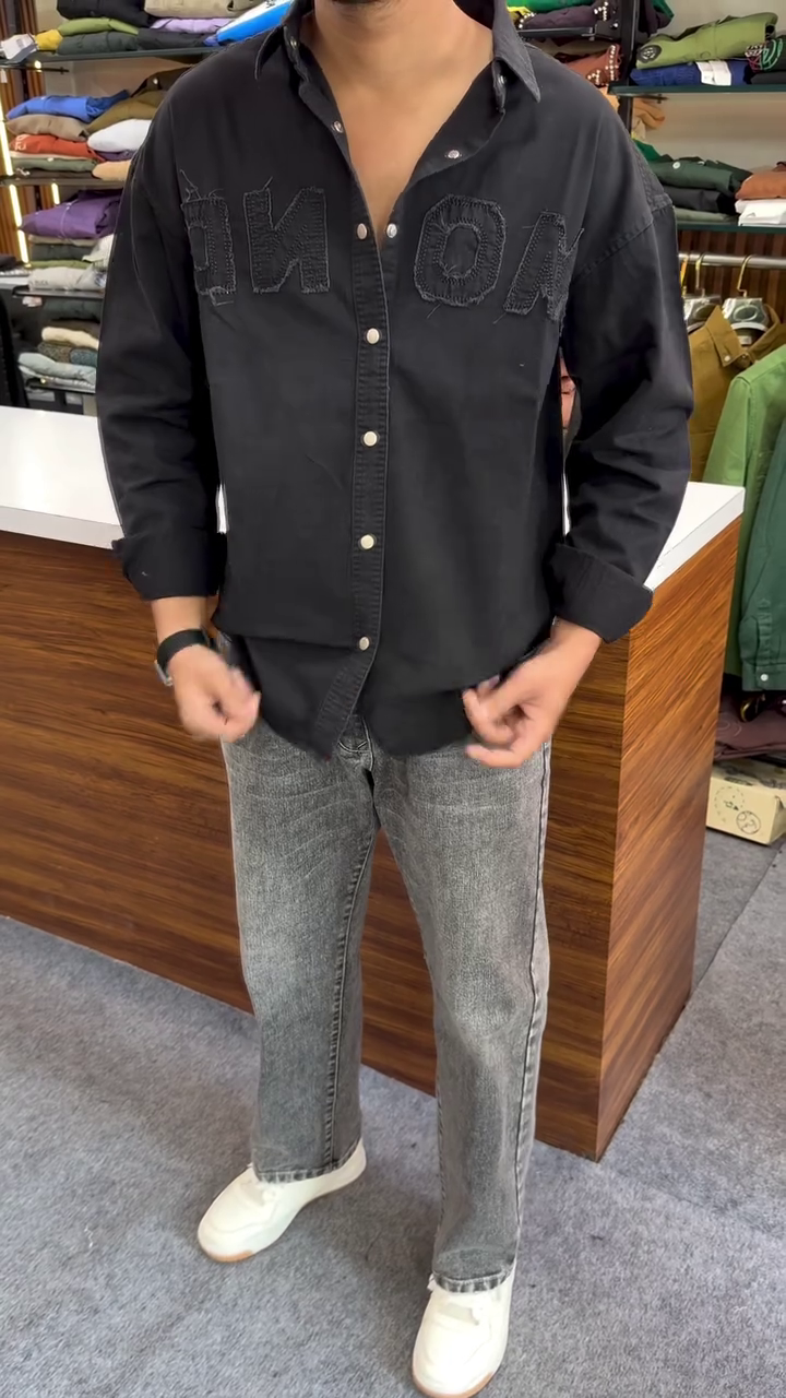 🖤 Urban Noir Black Statement Shirt with Washed Grey Denim – Modern Street Style Combo 👖✨
