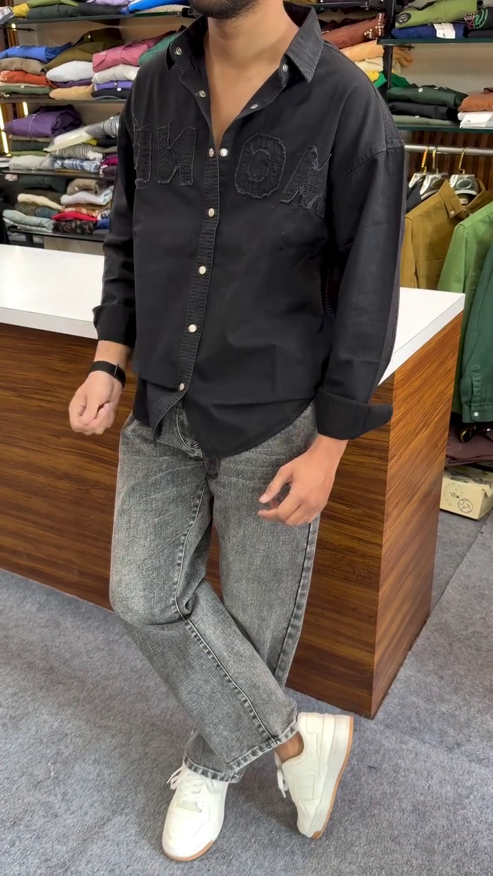 🖤 Urban Noir Black Statement Shirt with Washed Grey Denim – Modern Street Style Combo 👖✨