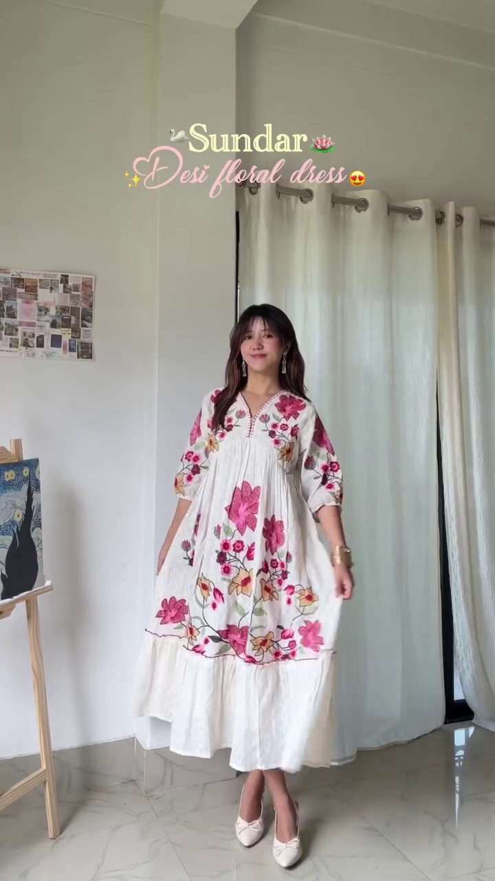🌸 Sundar Blossom Elegance – Premium Desi Floral Flowy Midi Dress 🌿✨