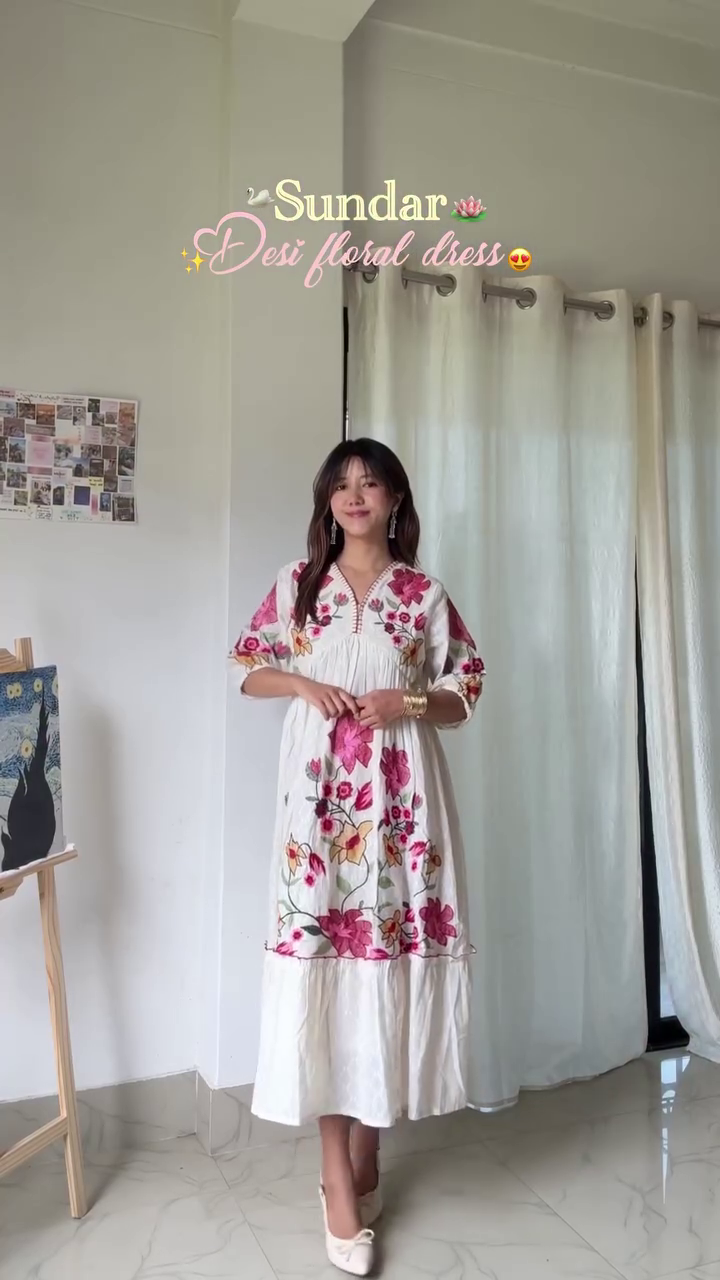 🌸 Sundar Blossom Elegance – Premium Desi Floral Flowy Midi Dress 🌿✨