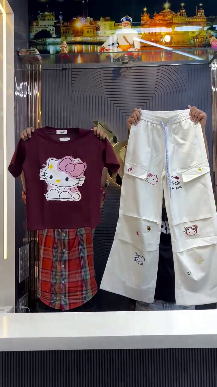 Kawaii Hello Kitty Graphic Tee & Cargo Pants Co-Ord Set for Women 🎀🤍✨