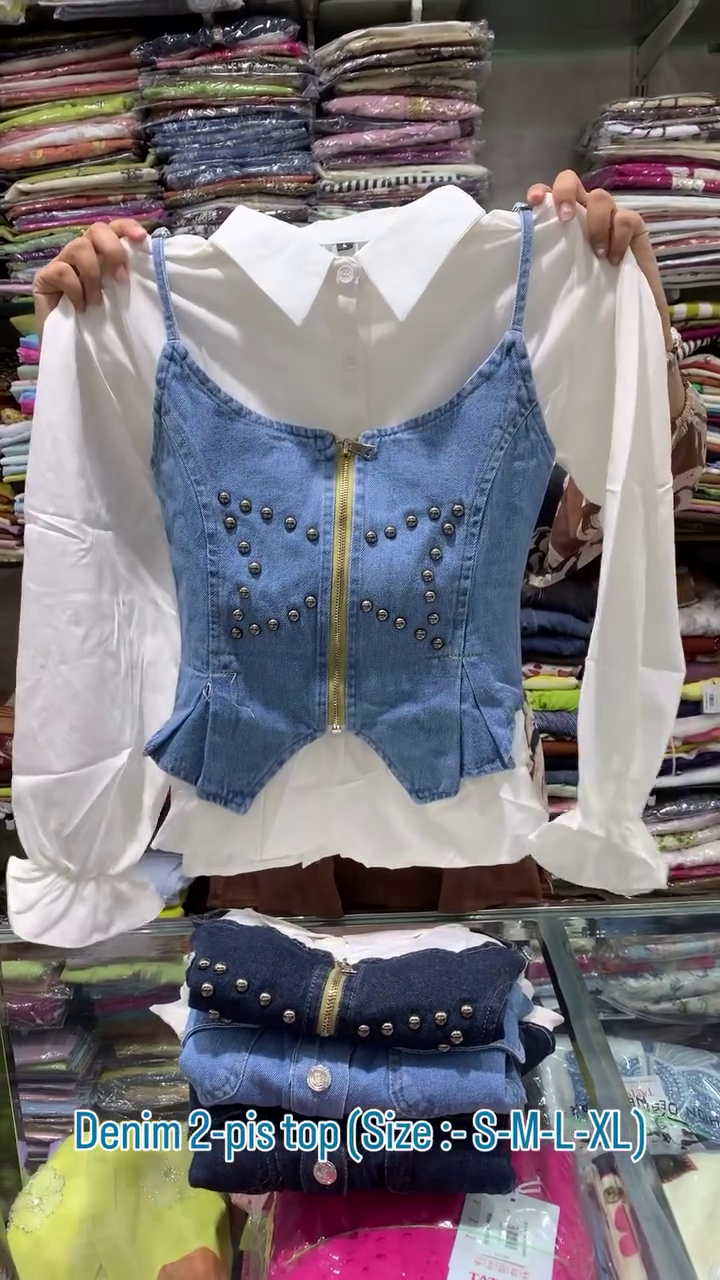 💙 Urban Chic Denim Layered Top Collection – Trendy 2-Piece Fashion Statement ✨👖