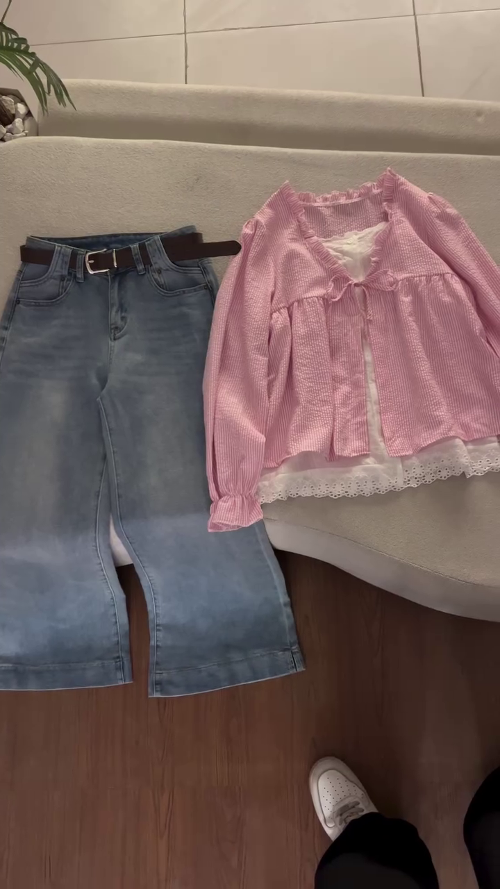💗 Blush Charm Denim Co-Ord Set ✨ | Elegant Pink Layered Top & Premium Denim Jeans Combo 👖🌸