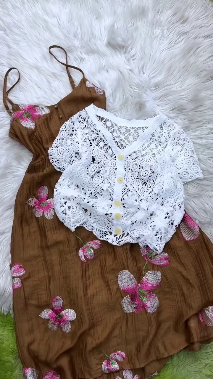 🌸 Rosé Blossom Layered Dress Set ✨ | Premium Floral Slip Dress & Crochet Cardigan Combo 💕