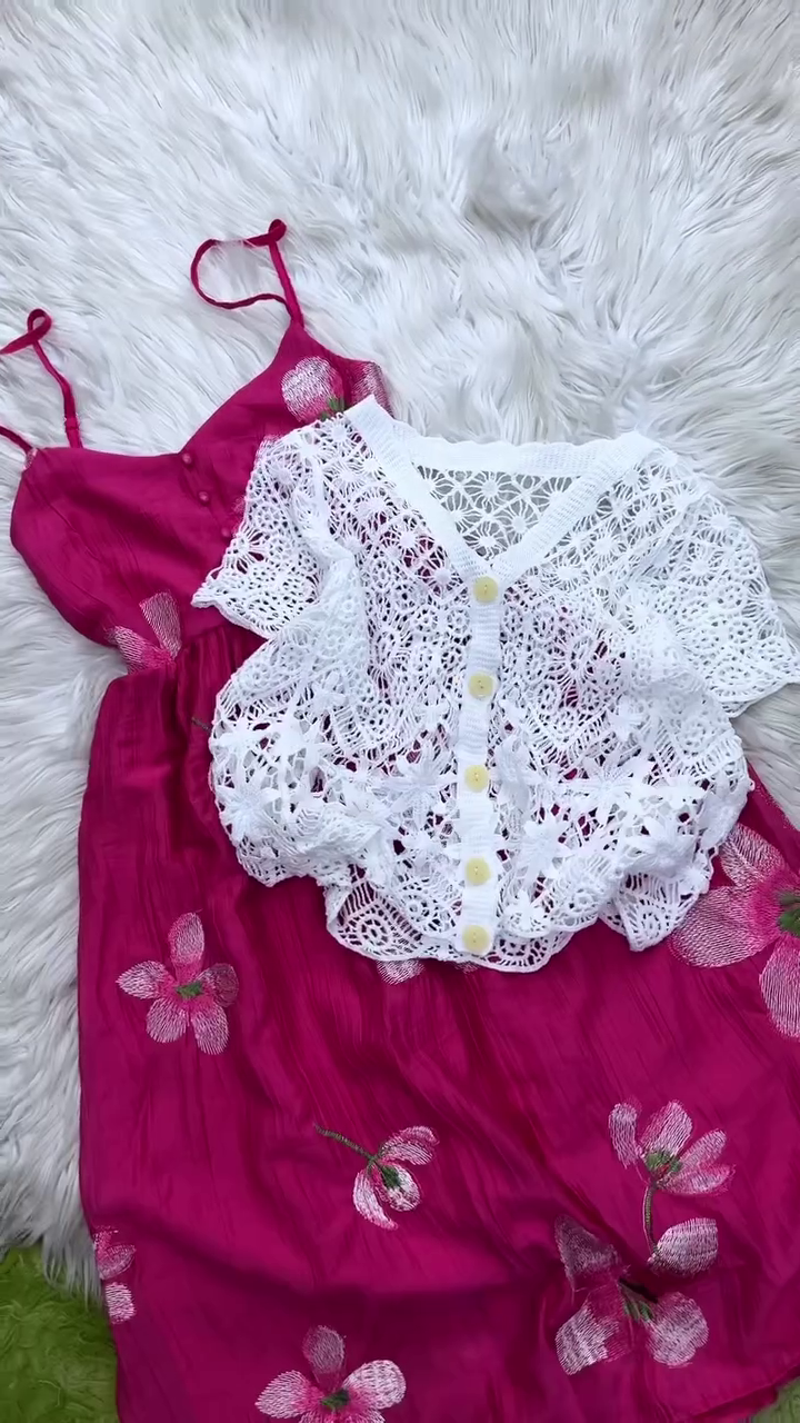 🌸 Rosé Blossom Layered Dress Set ✨ | Premium Floral Slip Dress & Crochet Cardigan Combo 💕