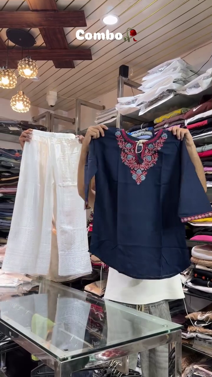 🌺 Elegant Embroidered Kurti & Premium White Palazzo Two-Piece Ethnic Fusion Combo Set 🌺