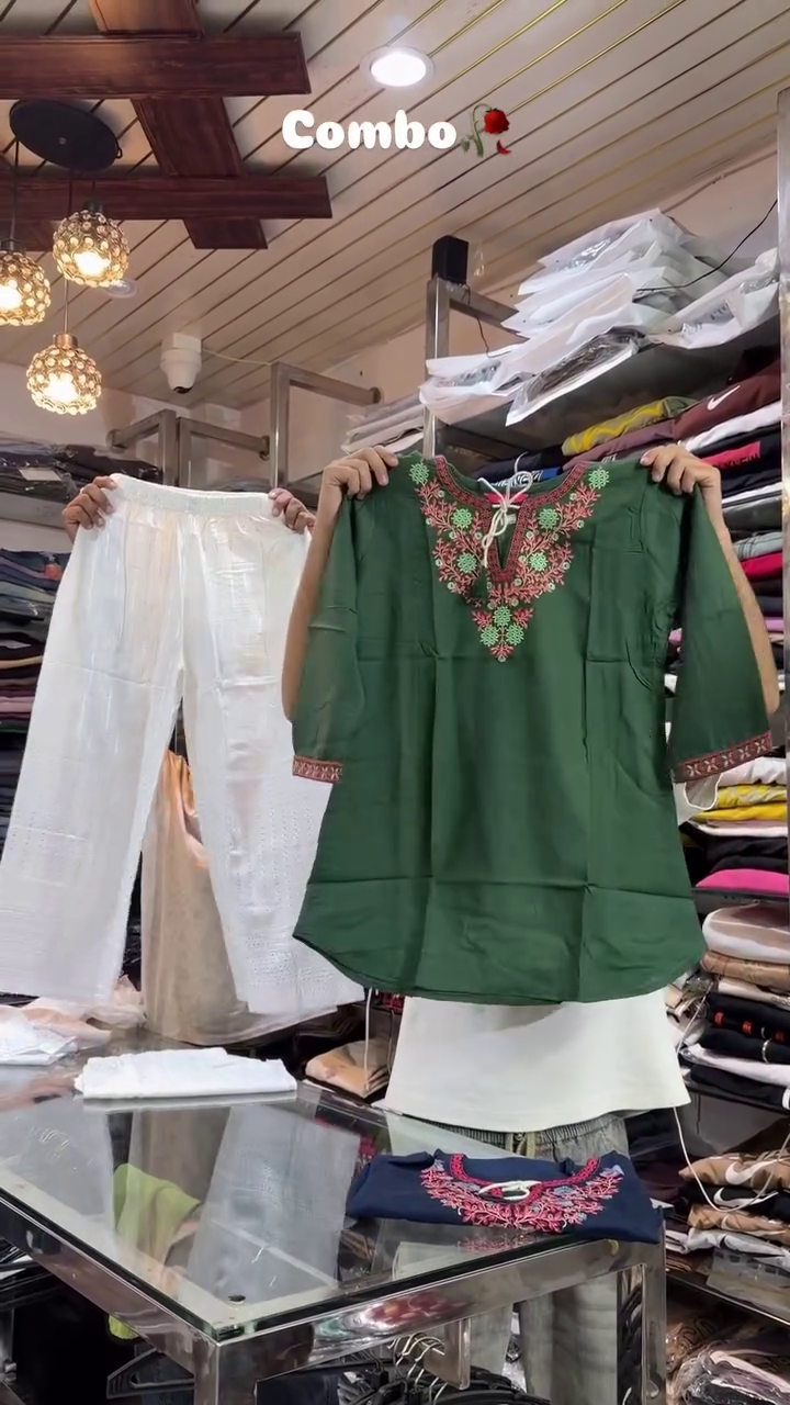 🌺 Elegant Embroidered Kurti & Premium White Palazzo Two-Piece Ethnic Fusion Combo Set 🌺