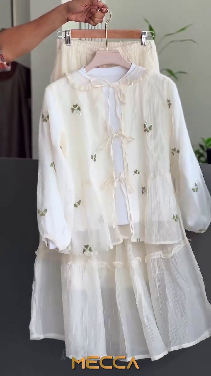 🤍 Premium Butterfly Embroidered Layered Three-Piece Modest Co-Ord Set with Textured Overlay Jacket, Inner Top & Matching Skirt 🤍🦋✨