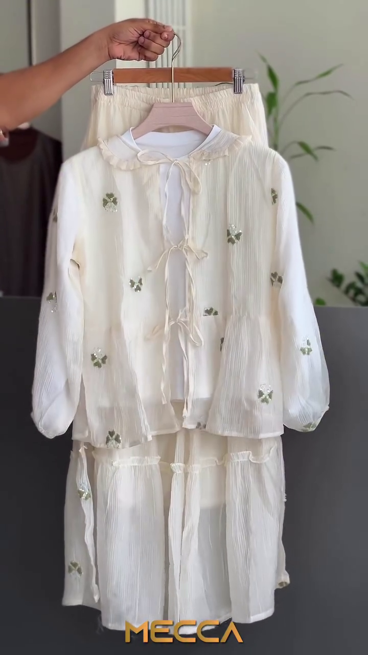 🤍 Premium Butterfly Embroidered Layered Three-Piece Modest Co-Ord Set with Textured Overlay Jacket, Inner Top & Matching Skirt 🤍🦋✨