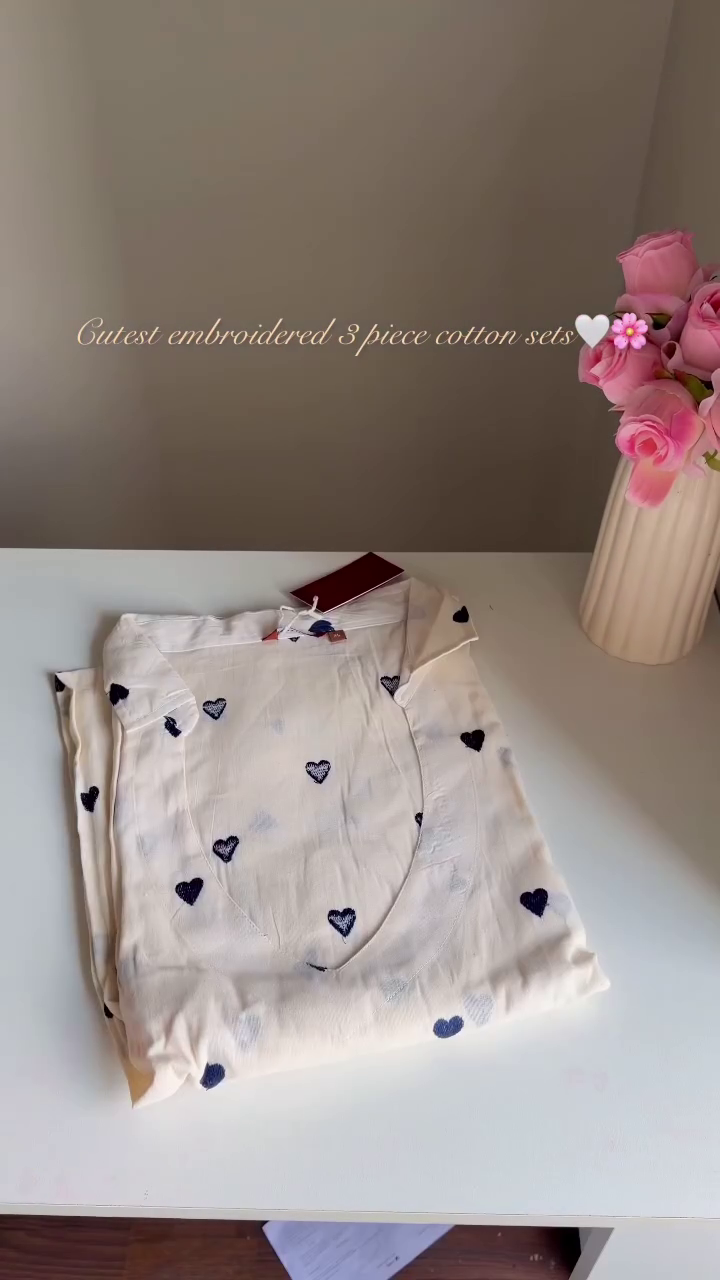 💕 Product 2: Cute Heart Embroidered Premium Cotton Three-Piece Lounge & Casual Wear Set 💕🤍✨