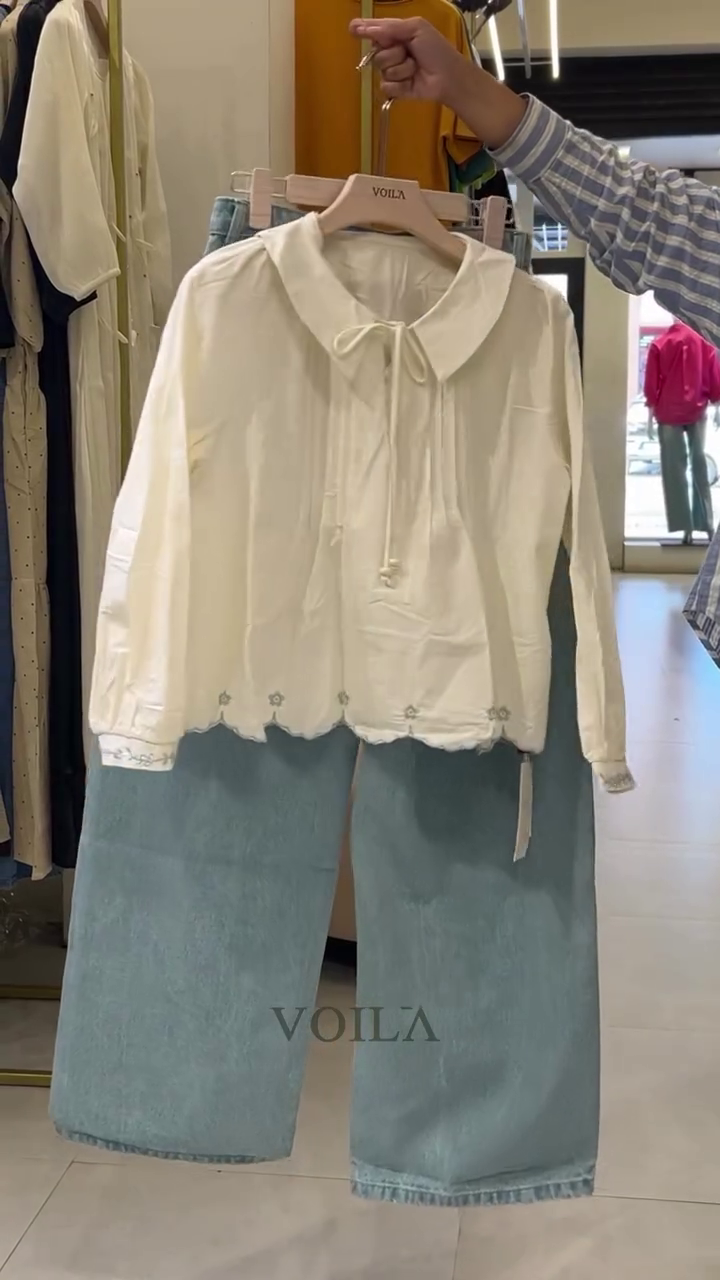 👔  Elegant Peter Pan Collar Blouse & Wide-Leg Denim Trouser Fashion Co-Ord Set 👔💙✨
