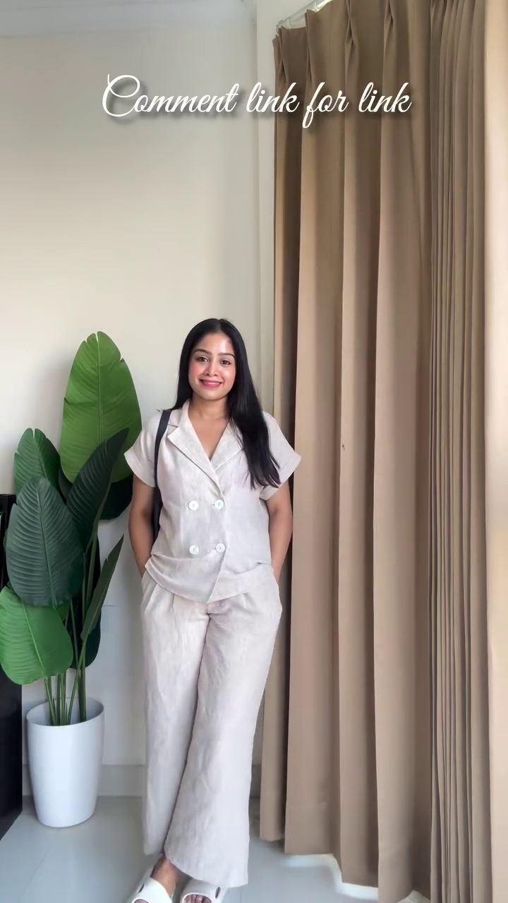 🤍✨ Premium Women's Minimalist Linen Blend Co-Ord Set | Double Breasted Short Sleeve Top with Wide Leg Palazzo Pants | Casual Office & Vacation Outfitasual Beach & Festive Wear