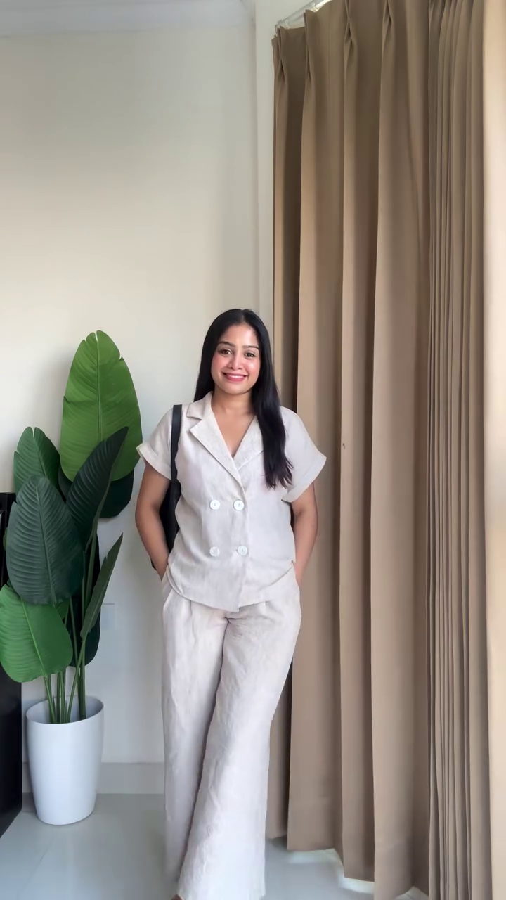 🤍✨ Premium Women's Minimalist Linen Blend Co-Ord Set | Double Breasted Short Sleeve Top with Wide Leg Palazzo Pants | Casual Office & Vacation Outfitasual Beach & Festive Wear
