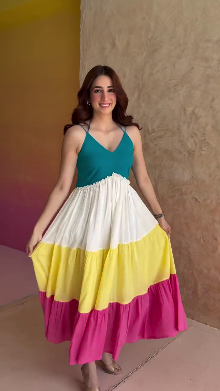 🌈💃 Elegant Bohemian Color Block Tiered Maxi Dress for Women | Sleeveless V-Neck Flowy Summer Vacation Party Long Dress | Casual Beach & Festive Wear