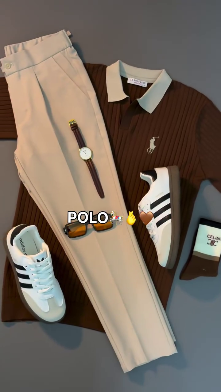 🤎👖 Premium Men's Ribbed Knit Polo T-Shirt with Tailored Slim Fit Trousers | Smart Casual Classic Outfit for Office, Travel & Everyday Style