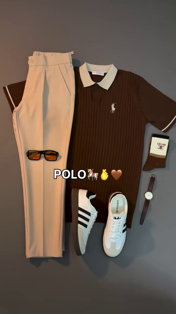 🤎👖 Premium Men's Ribbed Knit Polo T-Shirt with Tailored Slim Fit Trousers | Smart Casual Classic Outfit for Office, Travel & Everyday Style