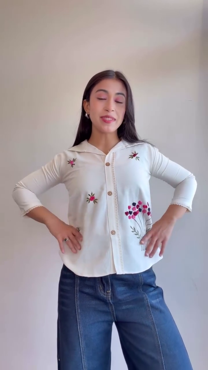 🤍🌸 Elegant Floral Embroidered Button Down Shirt for Women | Full Sleeve Casual Top | Chic Everyday & Office Wear