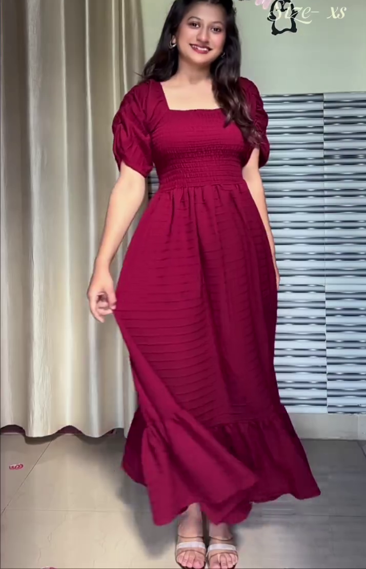 ❤️✨ Premium Smocked Puff Sleeve Flared Maxi Dress for Women ✨❤️