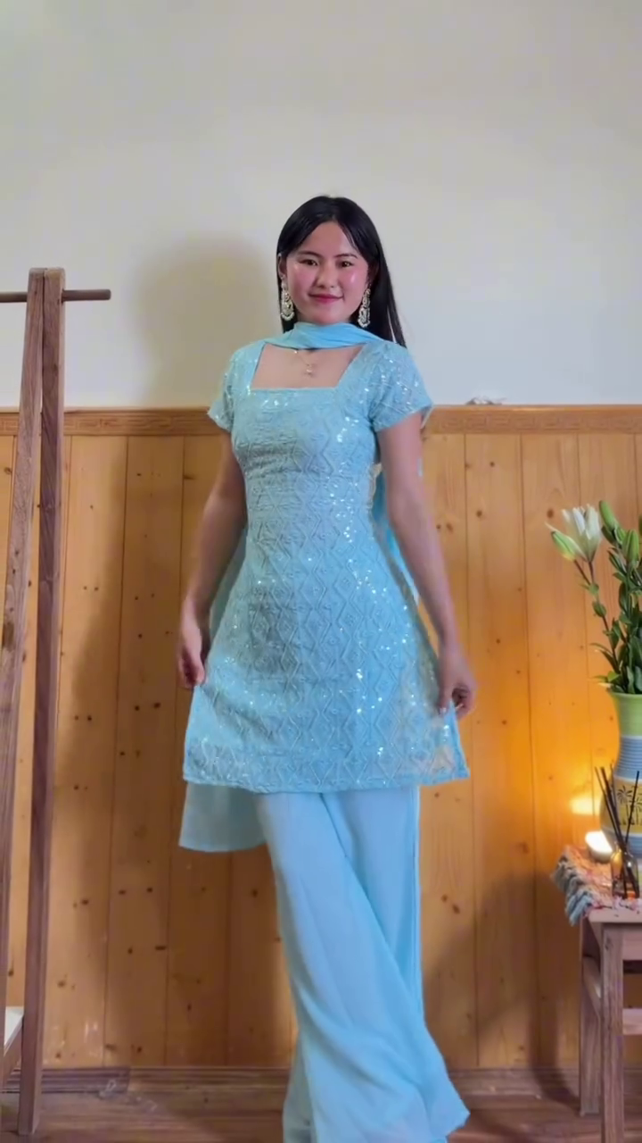 💙✨ Premium Sky Blue Sequin Embroidered Straight Kurti Palazzo Set with Dupatta for Women ✨💙