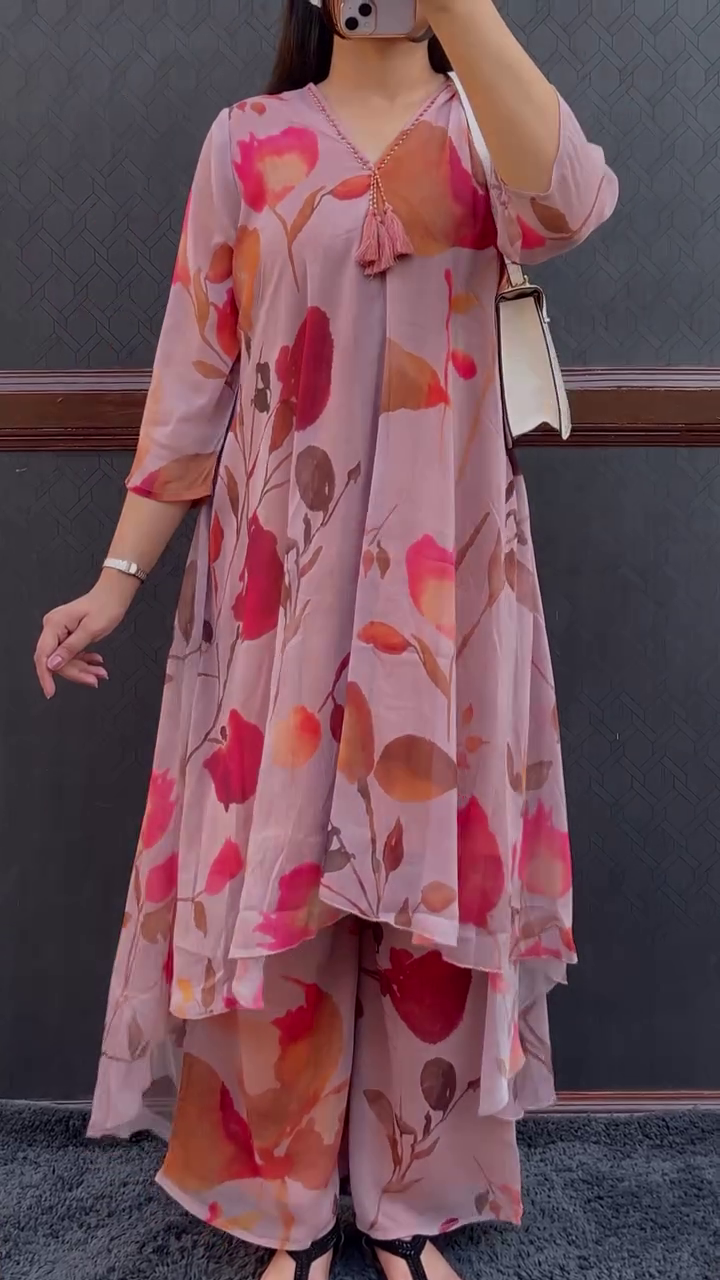 🌿🌸  Elegant Floral Printed Designer Kaftan Kurti & Palazzo Co-Ord Set for Women 🌸🌿