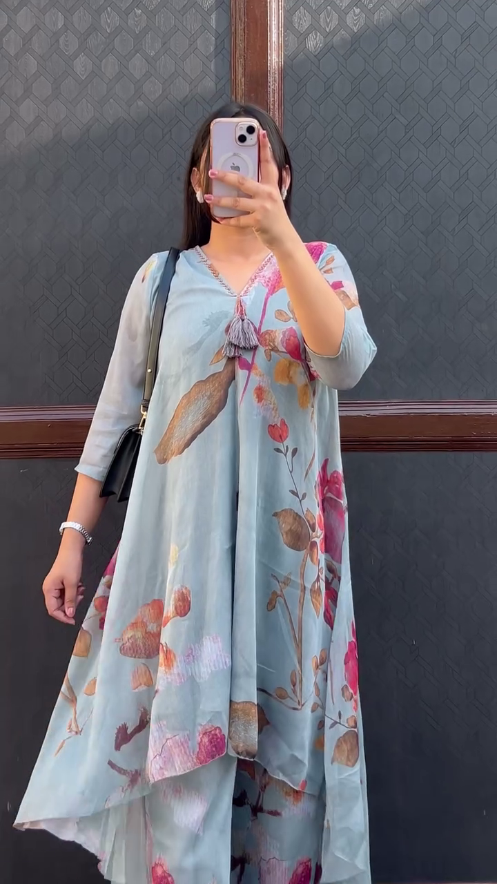 🌿🌸  Elegant Floral Printed Designer Kaftan Kurti & Palazzo Co-Ord Set for Women 🌸🌿