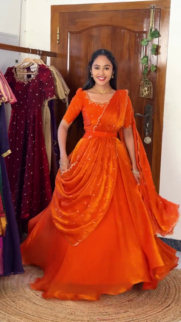 🧡✨ Royal Festive Designer Flared Gown with Elegant Embroidered Bodice for Women ✨🧡