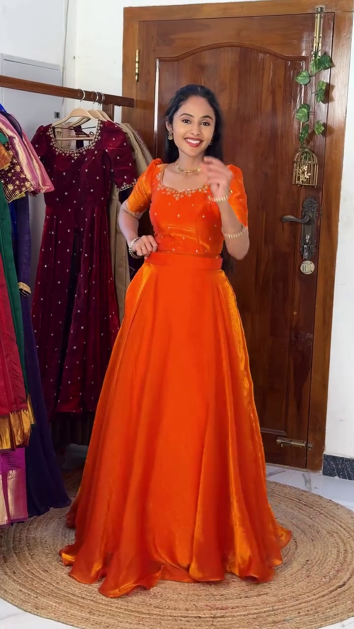 🧡✨ Royal Festive Designer Flared Gown with Elegant Embroidered Bodice for Women ✨🧡