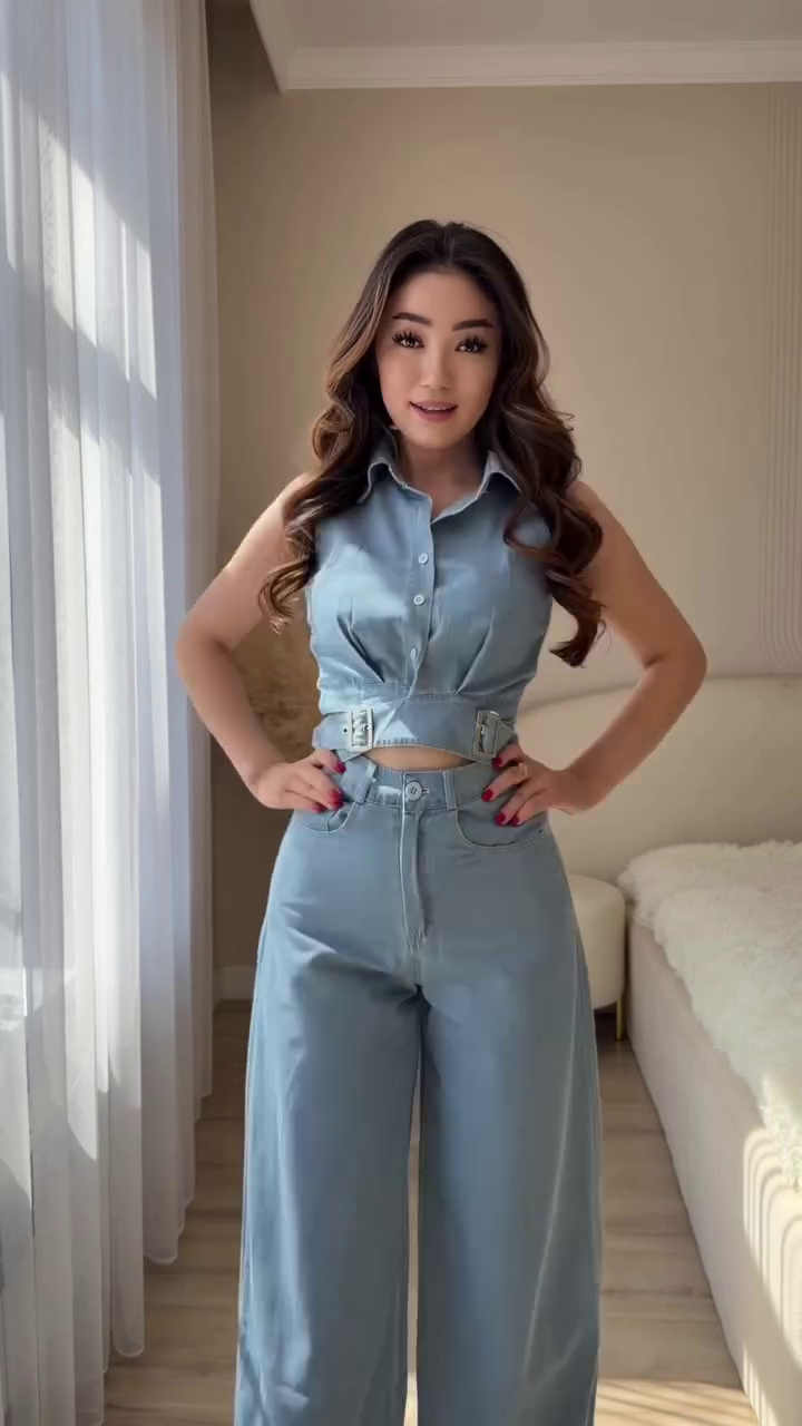 💙👖  Premium Sleeveless Denim Style Crop Top & Wide Leg Pants Co-Ord Set for Women 👖💙