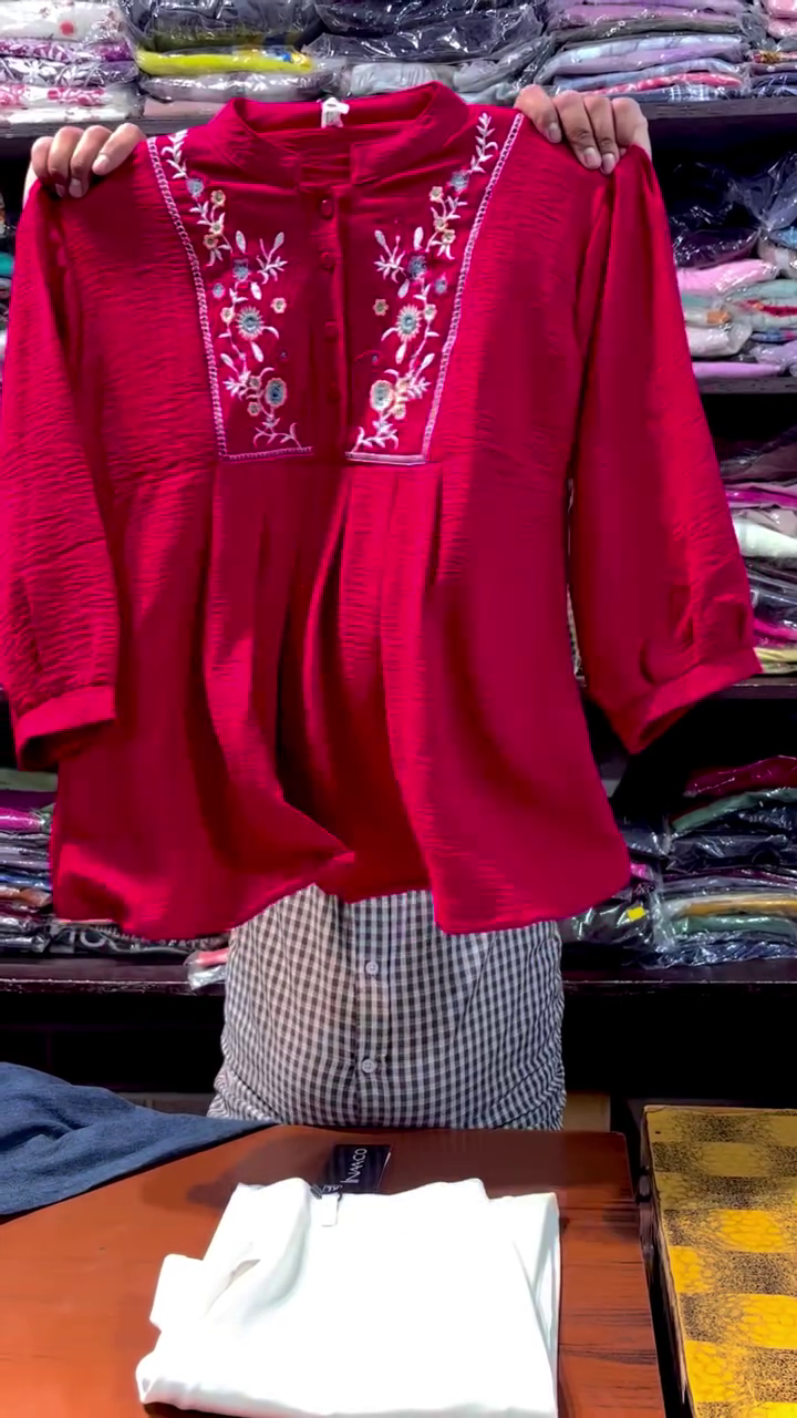 ❤️🌸 Elegant Crimson Embroidered Flared Women's Short Kurti Top – Premium Ethnic Casual Wear with Beautiful Floral Detailing 🌸❤️