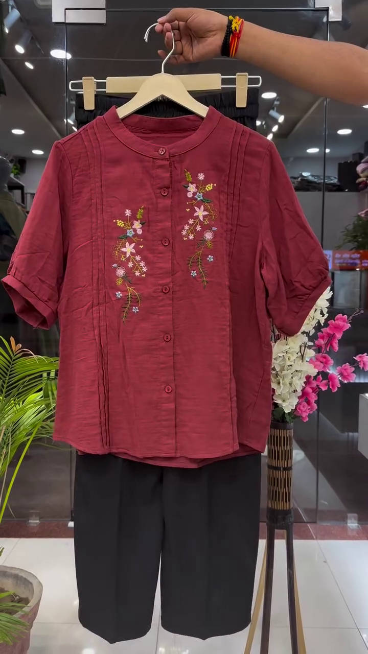 🌸❤️ Elegant Wine Red Floral Embroidered Co-Ord Set for Women – Premium Casual Ethnic Top & Pant Set with Timeless Comfort ❤️🌸
