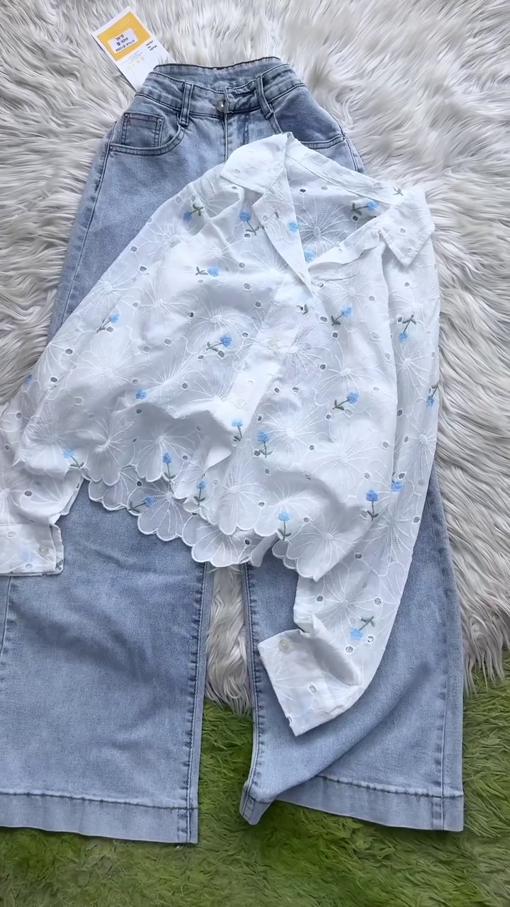 👖🌼 Premium White Floral Embroidered Shirt with Light Blue Wide-Leg Denim Jeans Co-Ord Outfit for Women – Chic Casual Western Wear 🌼👖