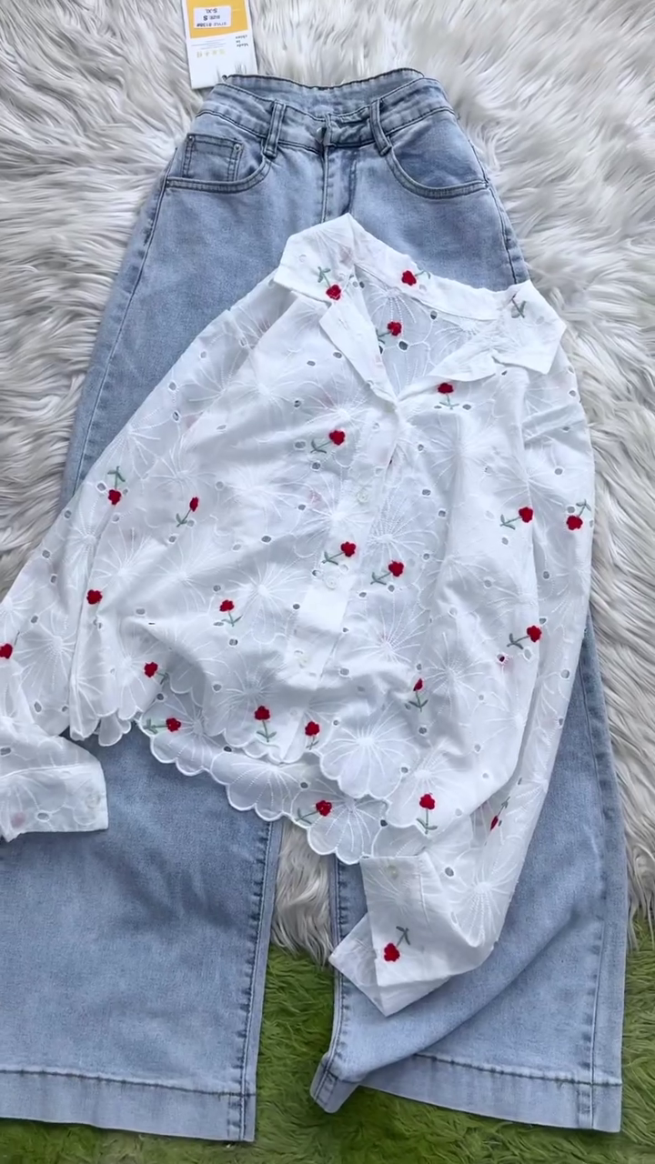 👖🌼 Premium White Floral Embroidered Shirt with Light Blue Wide-Leg Denim Jeans Co-Ord Outfit for Women – Chic Casual Western Wear 🌼👖