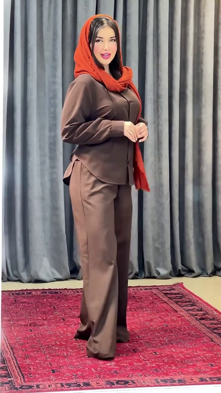 🤎Elegant Modest Two-Piece Casual Co-Ord Set for Women – Premium Relaxed Fit Button Shirt with Wide Leg Palazzo Pants ✨🌿