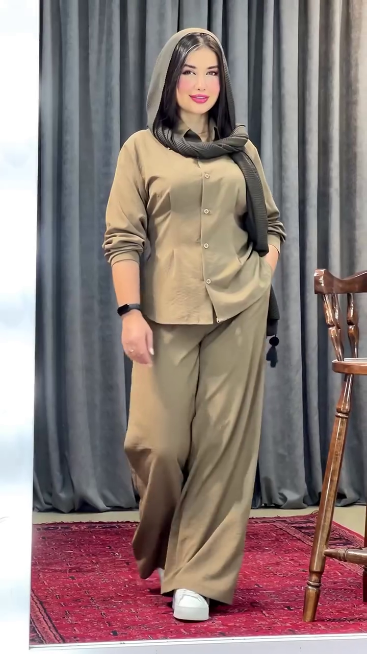 🤎Elegant Modest Two-Piece Casual Co-Ord Set for Women – Premium Relaxed Fit Button Shirt with Wide Leg Palazzo Pants ✨🌿