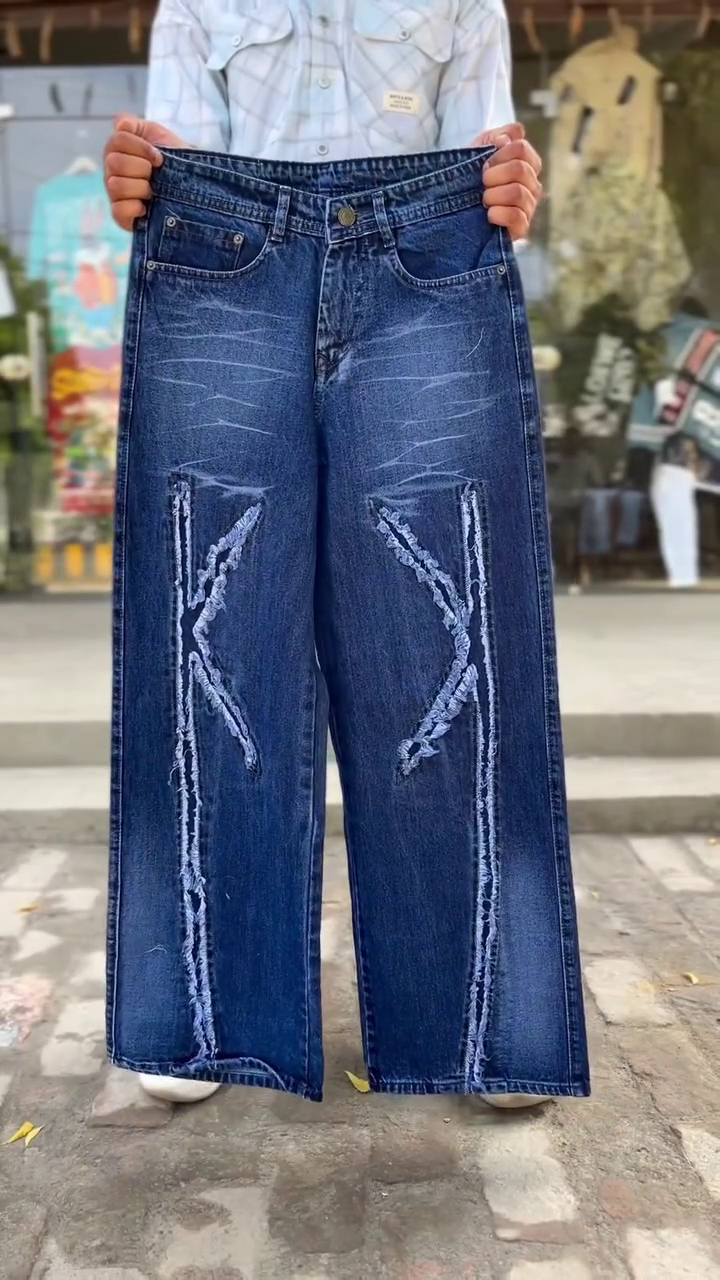 👖 Trendy High-Waist Distressed Wide Leg Denim Jeans for Women – Relaxed Fit Premium Street Style Pants ✨💙