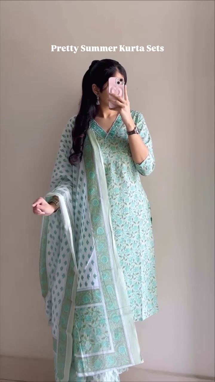 💙🌿 Elegant Teal Floral Printed Cotton Blend Kurta Set with Matching Dupatta & Bottom Wear 🌿💙