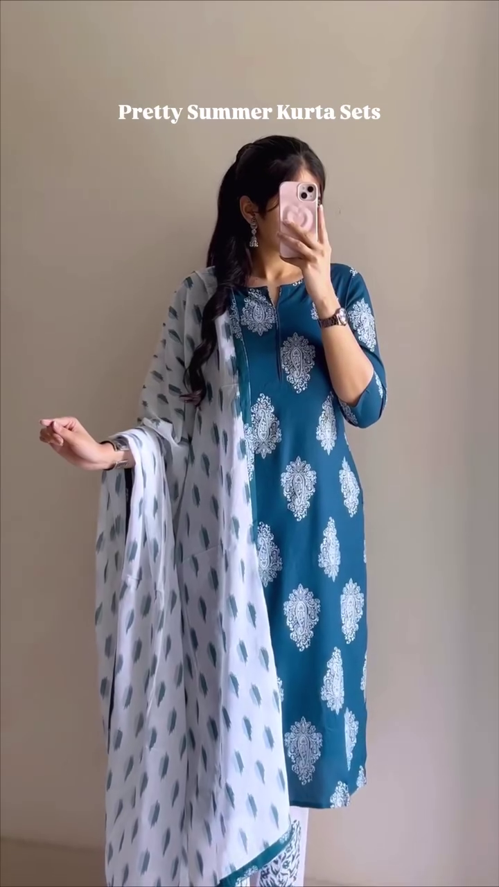 💙🌿 Elegant Teal Floral Printed Cotton Blend Kurta Set with Matching Dupatta & Bottom Wear 🌿💙