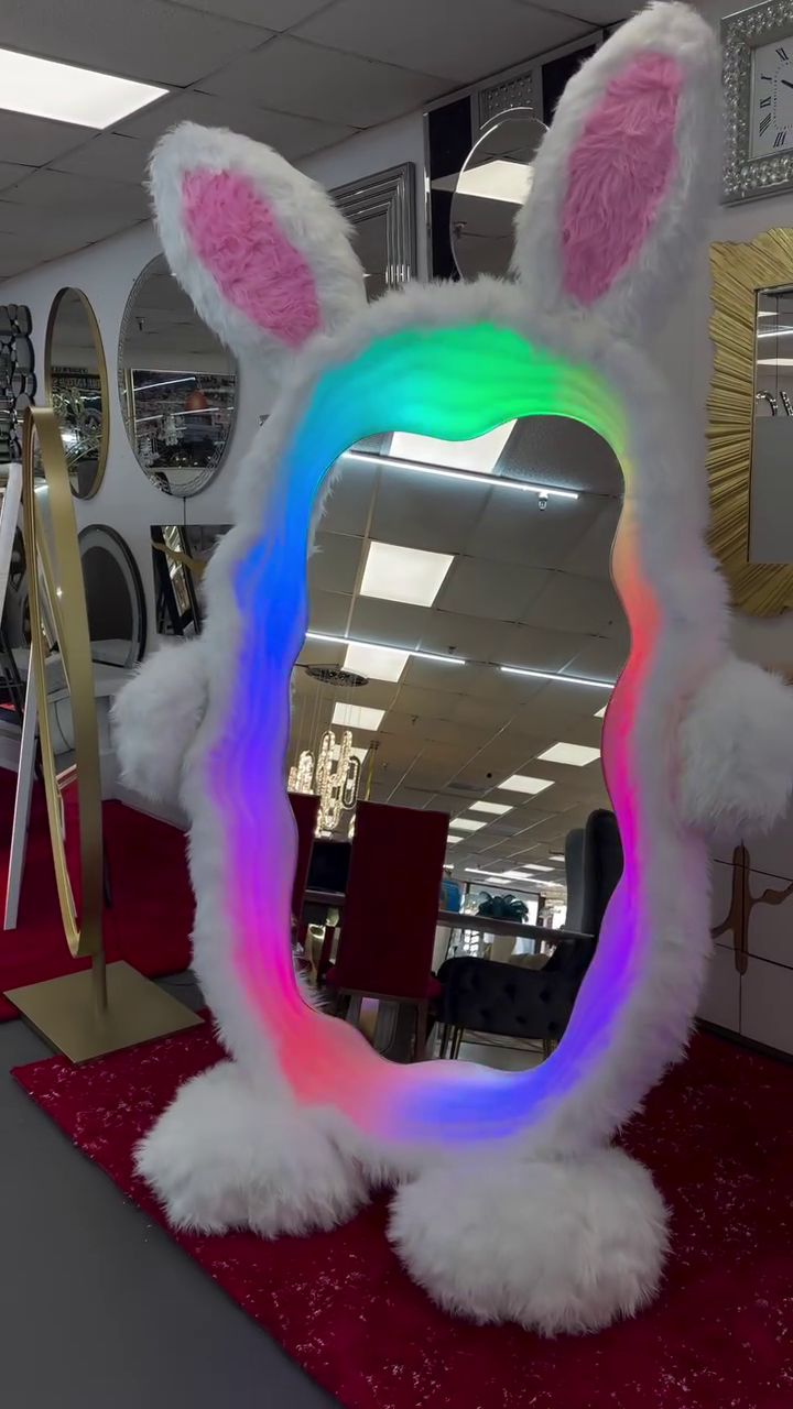 🐰 Luxury LED Bunny Shaped Full Length Decorative Mirror – Soft Plush Frame Vanity Mirror with Color-Changing Light Effects and Modern Room Décor Design 🐰