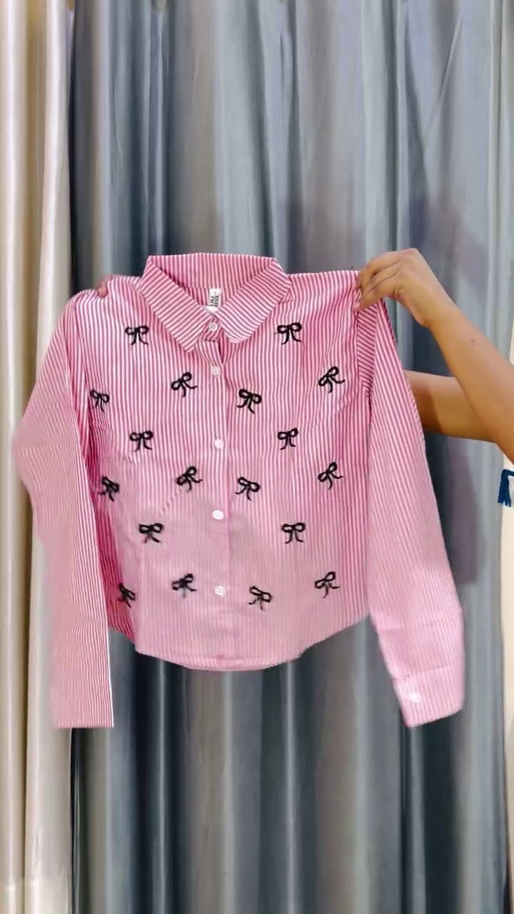 🎀 Elegant Pink Ribbon Printed Striped Oversized Cotton Shirt for Women | Premium Full Sleeve Button-Down Casual Shirt | Trendy Everyday Office, College & Vacation Wear